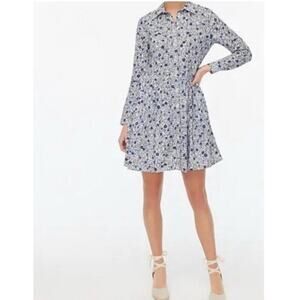 J. Crew Women's White & Navy Floral Cotton Lined Long Sleeve Button Front Dress